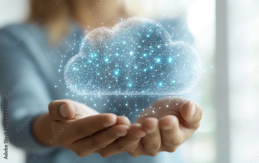 Fototapete Hand holding holographic cloud symbol with data upload sign, white background, concept of cloud computing and data storage, highdefinition realism