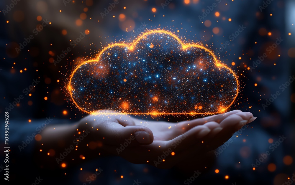 Poster Hand holding holographic cloud symbol with data upload sign, white background, concept of cloud computing and data storage, highdefinition realism