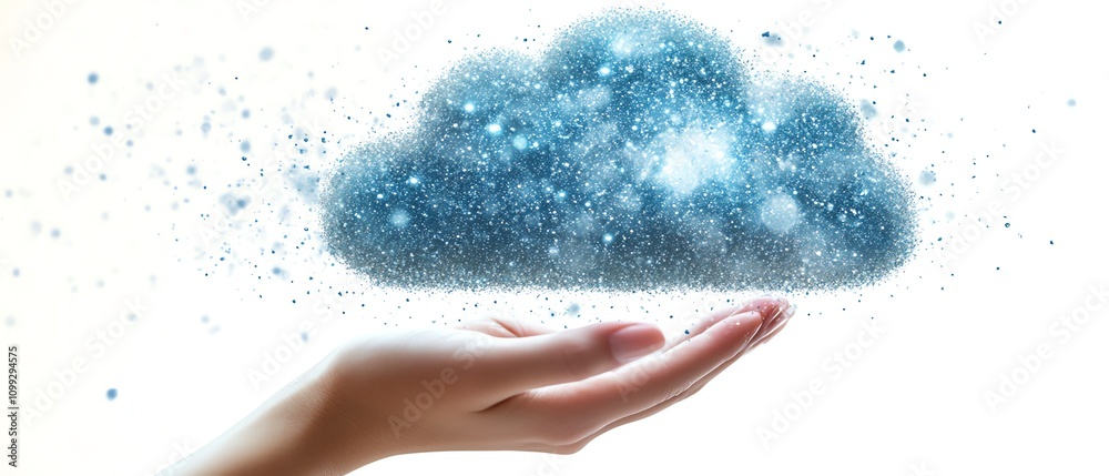 Poster Holographic cloud symbol held by hand with data upload sign, white background, cloud computing and data storage concept, ultrarealistic details