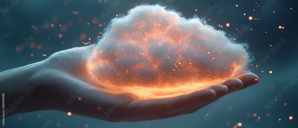 Poster Holographic cloud symbol held by hand with data upload sign, white background, cloud computing and data storage concept, ultrarealistic details
