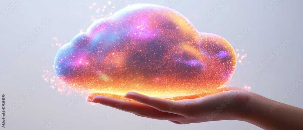 Fototapete Holographic cloud symbol held by hand with data upload sign, white background, cloud computing and data storage concept, ultrarealistic details
