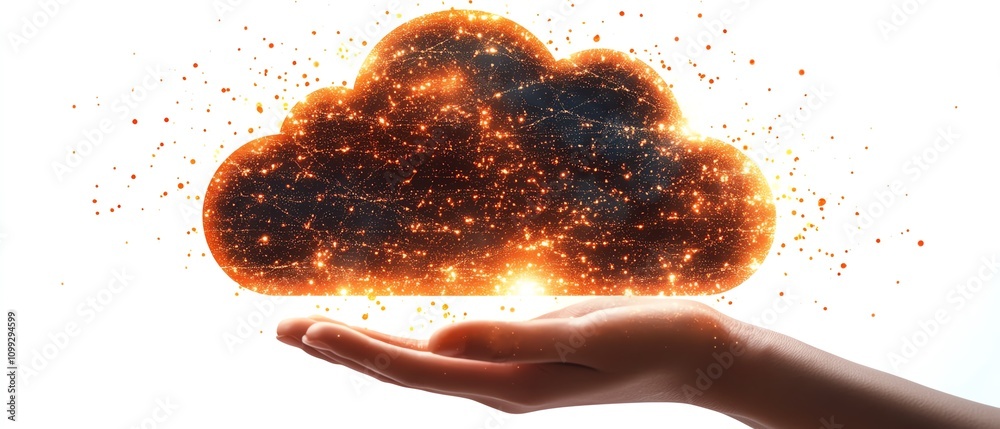 Leinwandbilder Holographic cloud symbol held by hand with data upload sign, white background, cloud computing and data storage concept, ultrarealistic details