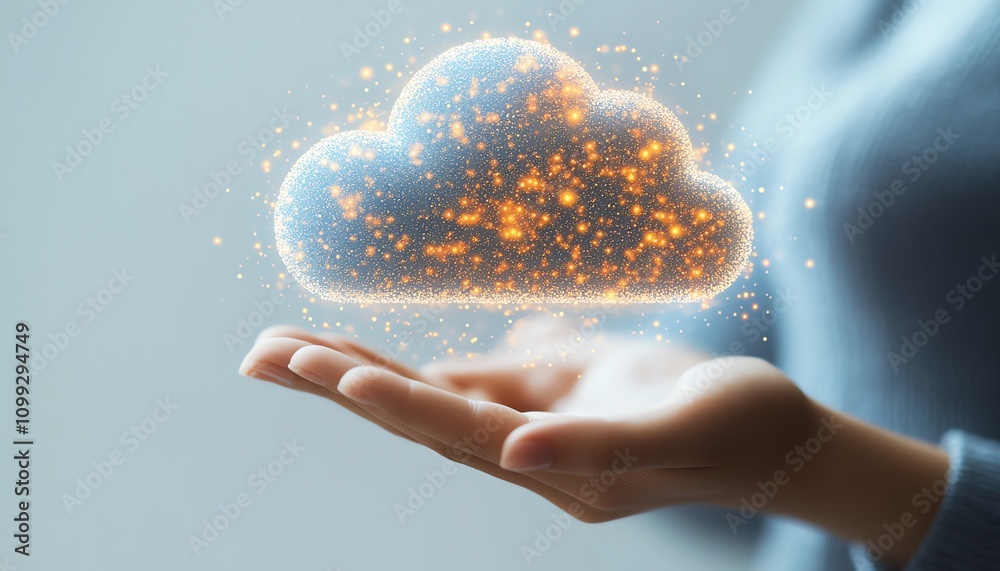 Poster Holographic cloud symbol with data upload icon held by hand, white background, concept of cloud computing and data storage, ultrarealistic textures