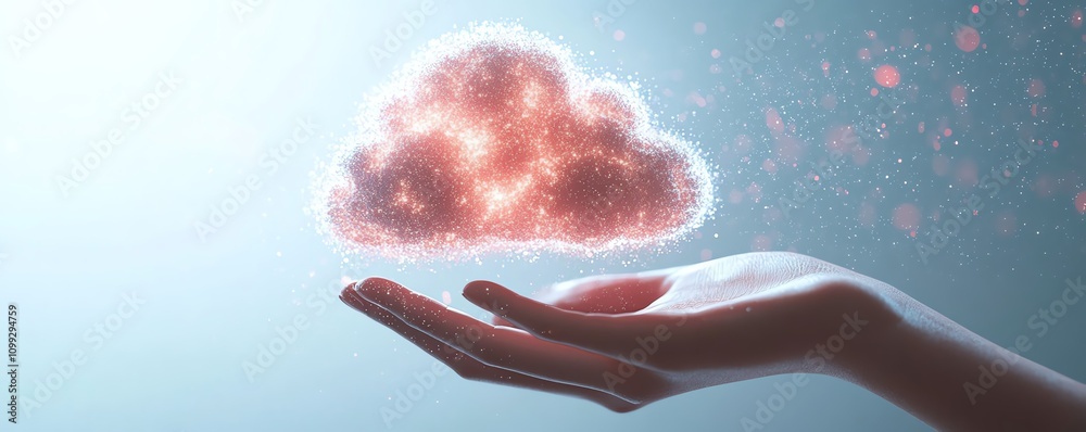 Poster Holographic cloud symbol with data upload sign in hand, white background, concept of cloud computing and data storage, modern technology, highdefinition realism