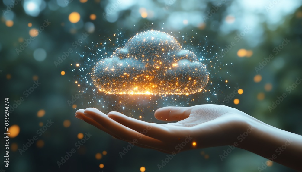 Poster Holographic cloud symbol with data upload icon held by hand, white background, concept of cloud computing and data storage, ultrarealistic textures