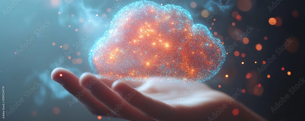 Poster Holographic cloud symbol with data upload sign in hand, white background, concept of cloud computing and data storage, modern technology, highdefinition realism