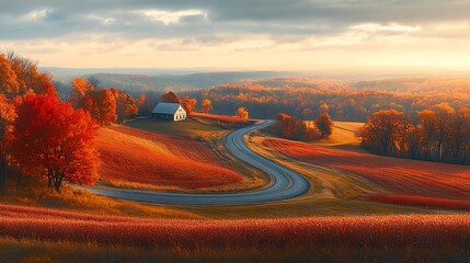 Fototapeta premium Panoramic aerial view of a countryside road winding through autumn-colored farm fields, vibrant hues of orange, red, and yellow, distant farmhouse visible under a hazy sky,