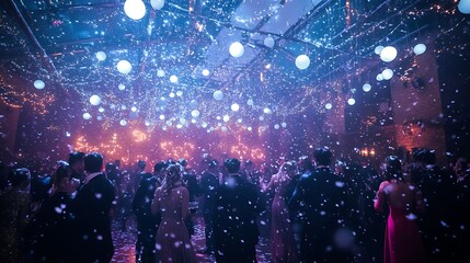 A vibrant New Year&rsquo;s Eve party in a winter wonderland, with guests dancing under a canopy of twinkling fairy lights and snow gently falling outside 