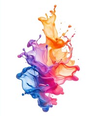 Obraz premium Vibrant powder explosion in purple, orange, and yellow hues, abstract colorful paint splash on white background ,Colorful ink splash creating vibrant visuals ,powder splash photography