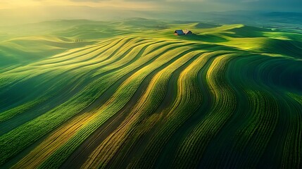 Obraz premium Panoramic aerial view of expansive farmland, rows of crops forming geometric patterns, a distant barn set against a vibrant blue sky, sunlight creating soft highlights, vivid and natural colors,