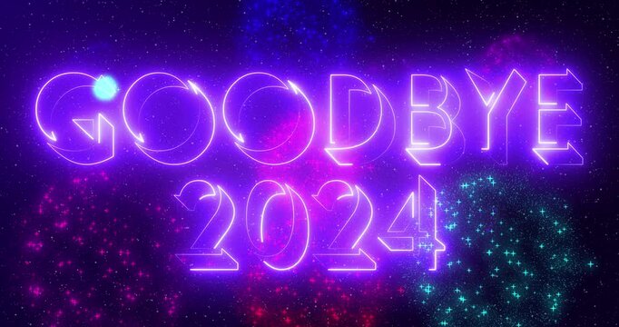 4K Goodbye 2024 welcome 2025 text cool neon animation for banner, social media, greeting card. Past year 2024 new year 2025 text animation with neon colorful fireworks. Easy to use in any video.