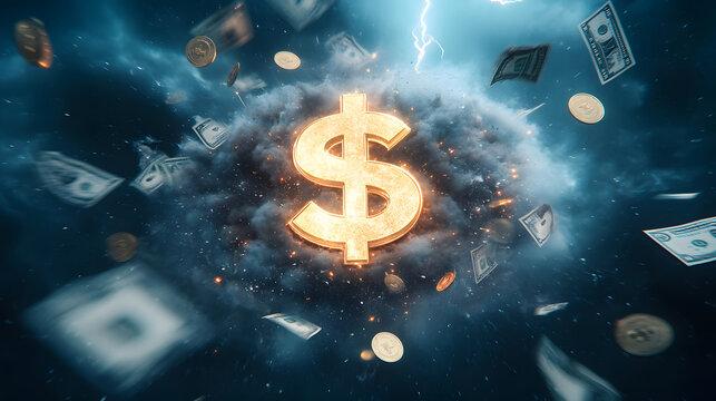A mesmerizing storm of swirling coins and banknotes, amidst striking lightning, embodies the explosive power of wealth and financial chaos.