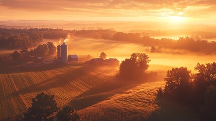 Sweeping aerial shot of farmland at sunrise, golden light casting long, soft shadows from trees and silos, mist rising gently from the fields, sky filled with warm hues of pink and orange,