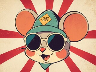 Fototapeta premium Retro Vintage Poster with a Cute Smiling Mouse Character Wearing a Hat and SunGlasses