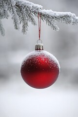 A vibrant red ornament dangles gracefully from a snowy branch, shimmering in the winter light, capturing the essence of a joyful Christmas spirit.