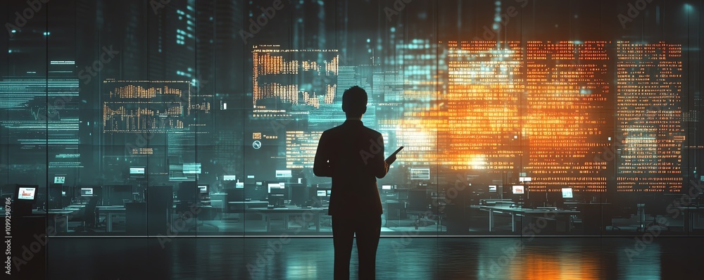 Aufkleber Businessperson analyzing financial data on tablet with holographic charts and binary code, set in a cuttingedge office space
