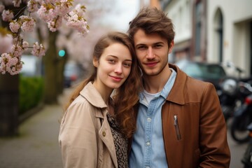 Obraz premium A young man and woman are standing next to each other on a street