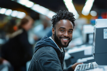 Fototapeta premium Businessman using photocopy machine in a busy office setting during daytime hours