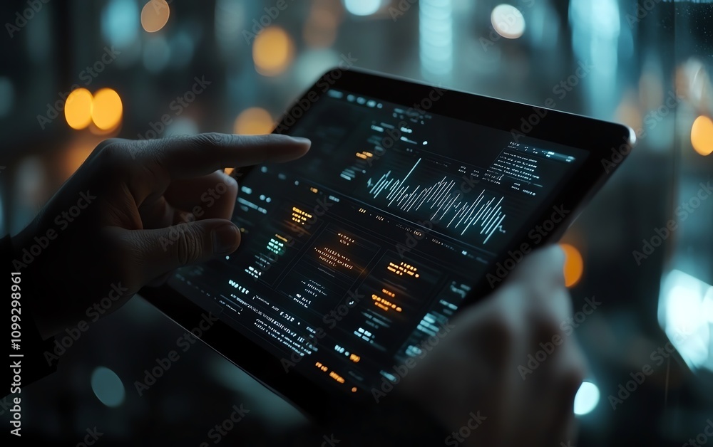 Poster Businessperson using tablet with financial data charts and binary code holograms on screen, modern office setting, hightech atmosphere