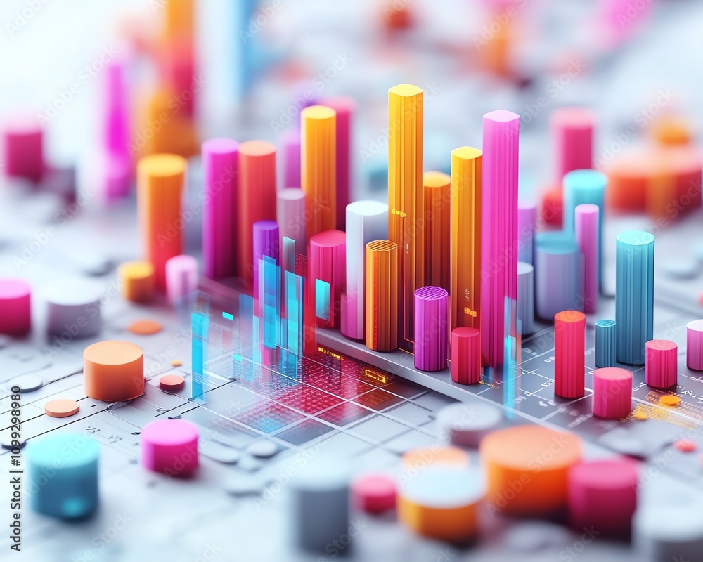 Fototapete Colorful 3Drendered data visualization with intricate bar and line graphs, minimalistic white backdrop, hightech design
