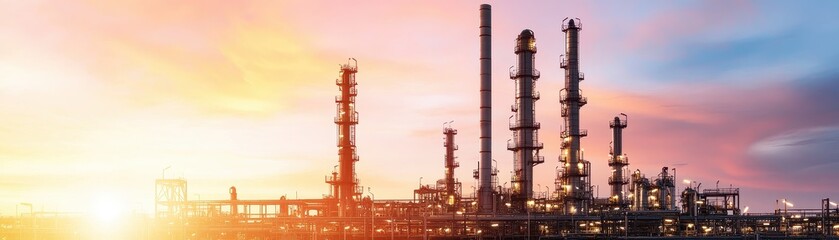 Fototapeta premium Golden Glow of a Sprawling Gas Refinery at Night: A Stunning Industrial Landscape