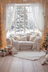 A cozy room adorned with twinkling lights, a lush Christmas tree, and beautifully wrapped presents, radiating warmth and festive cheer.