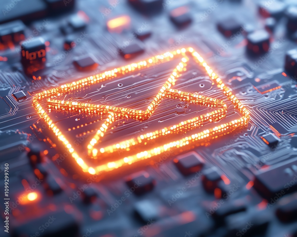 Poster Futuristic 3Drendered circuit board with illuminated email icon, minimalistic white background, techinspired design