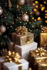 A festive table adorned with colorful presents, nestled beside a glittering Christmas tree, radiating joy and holiday cheer.