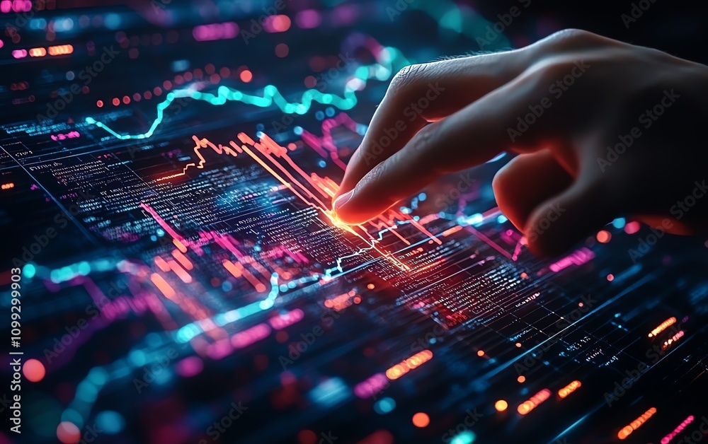Aufkleber Futuristic hand interacting with live financial data charts and algorithmic lines on a glowing, interactive interface