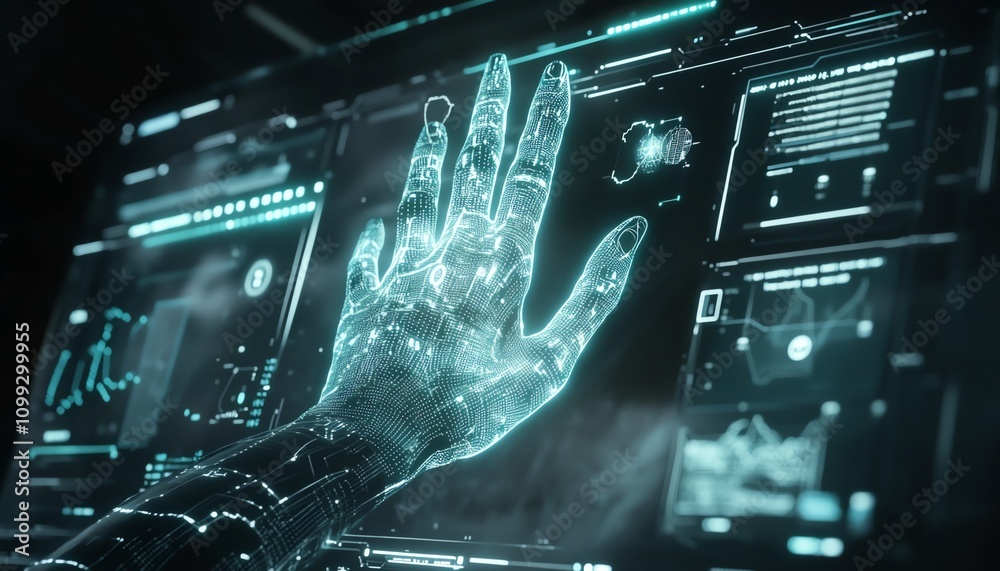 Leinwandbilder Futuristic interface with hand gesture controlling digital financial charts and algorithmic lines, sleek and modern tech aesthetics