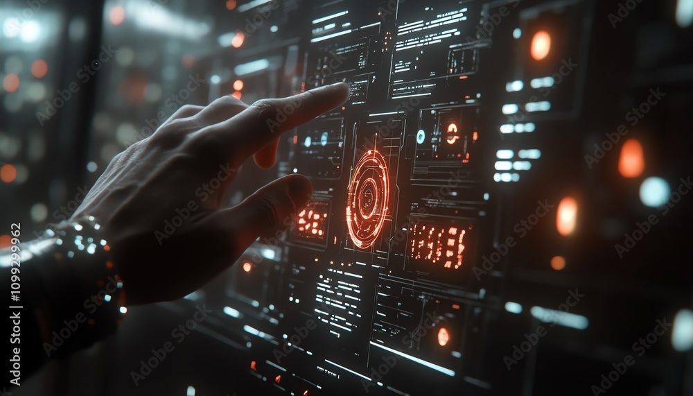 Leinwandbilder Futuristic interface with hand gesture controlling digital financial charts and algorithmic lines, sleek and modern tech aesthetics