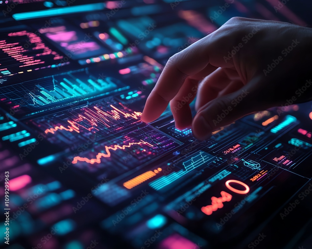 Poster Hand controlling digital financial charts and complex algorithmic lines on a hightech interface, futuristic and sleek design