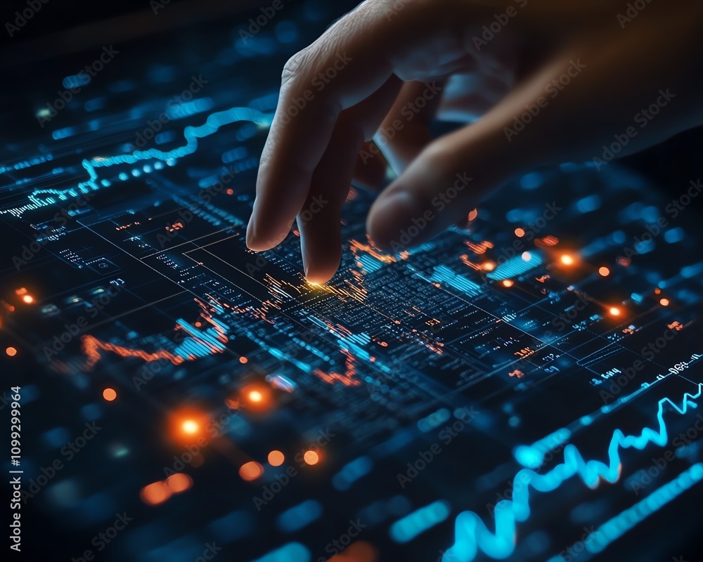 Poster Hand controlling digital financial charts and complex algorithmic lines on a hightech interface, futuristic and sleek design