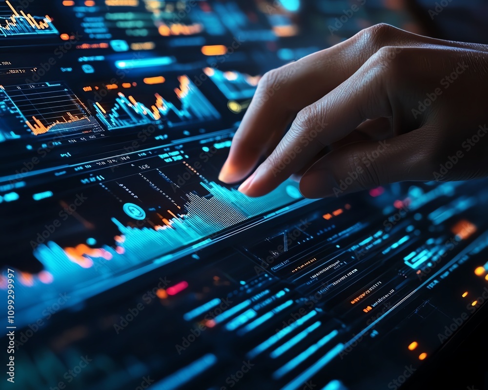 Poster Hand controlling digital financial charts and complex algorithmic lines on a hightech interface, futuristic and sleek design
