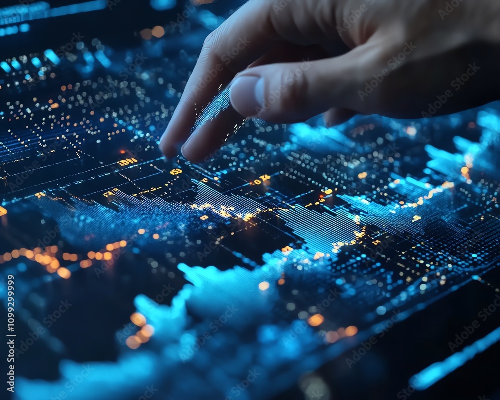 Aufkleber Hand controlling digital financial data and complex algorithmic lines, futuristic interface with glowing blue and white tones