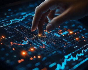 Naklejka premium Hand controlling digital financial charts and complex algorithmic lines on a hightech interface, futuristic and sleek design