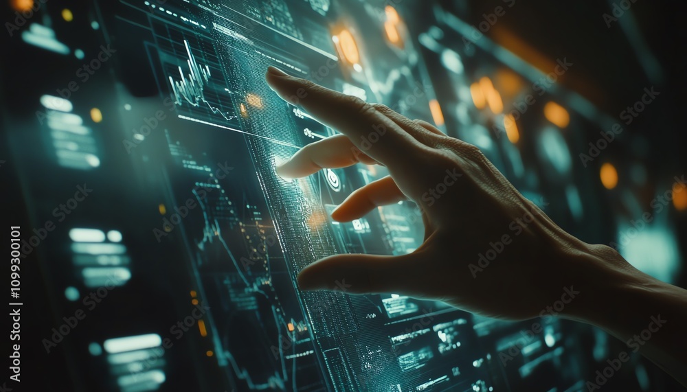 Fototapete hand gesture over digital interface showcasing financial charts and flowing algorithmic lines, sleek