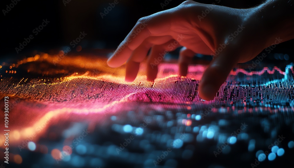 Poster Hand manipulating digital financial charts and algorithmic lines on a holographic interface, advanced futuristic technology