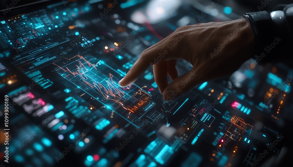 Leinwandbilder hand manipulating digital financial charts and algorithmic lines on a holographic interface, advance