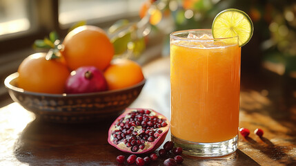 Fototapeta premium Fresh citrus pomegranate drink with fruit bowl
