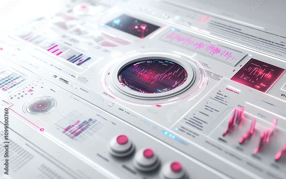 Fototapete minimalist 3d digital interface with integrated charts, graphs, and code, white background for a sha