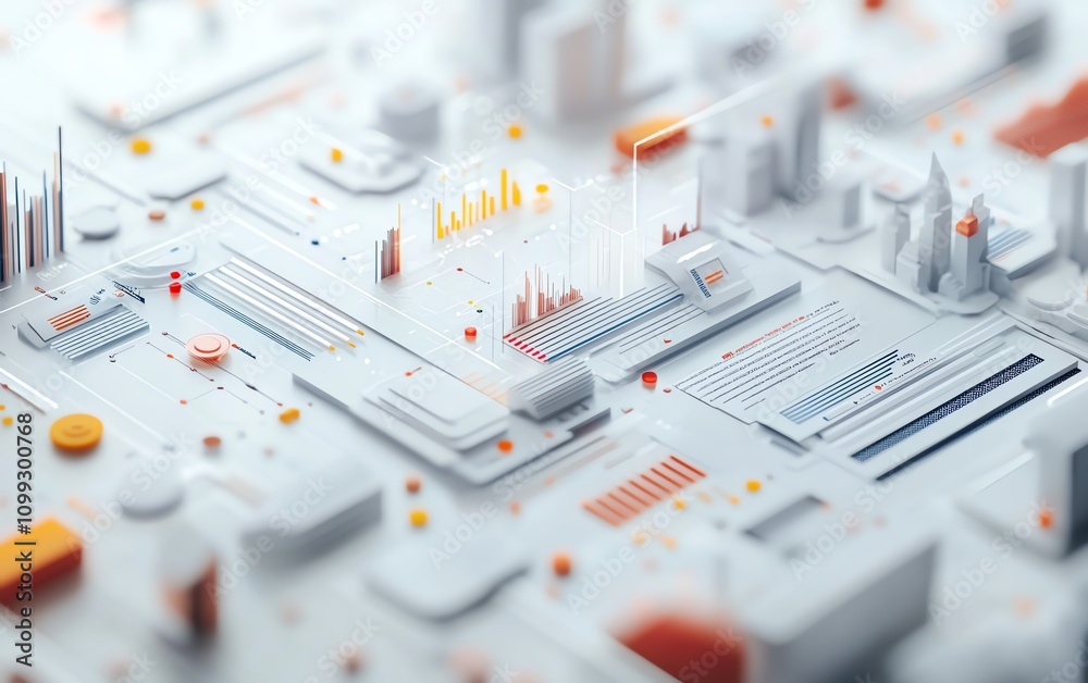 Poster Minimalist 3D digital interface with integrated charts, graphs, and code, white background for a sharp, modern aesthetic