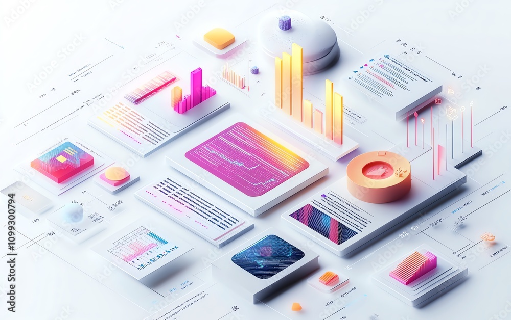 Leinwandbilder minimalist 3d digital interface with integrated charts, graphs, and code, white background for a sha