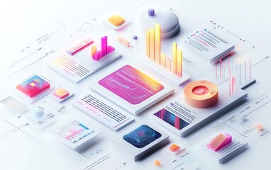Fototapeta premium Minimalist 3D digital interface with integrated charts, graphs, and code, white background for a sharp, modern aesthetic