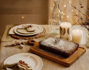 Cozy Christmas Dinner Table with Rustic Cake and Candlelight- キャンドルとケーキで演出された暖かいクリスマスディナーテーブル