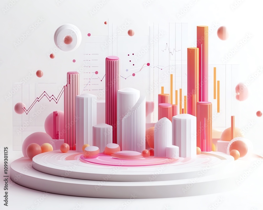 Aufkleber Sleek data visualization in 3D, showcasing detailed bar and line graphs, white background for a minimalist, clean look