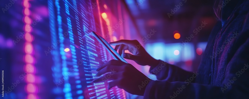 Aufkleber Techsavvy businessperson using tablet with interactive financial graphs and holographic binary code, modern office ambiance