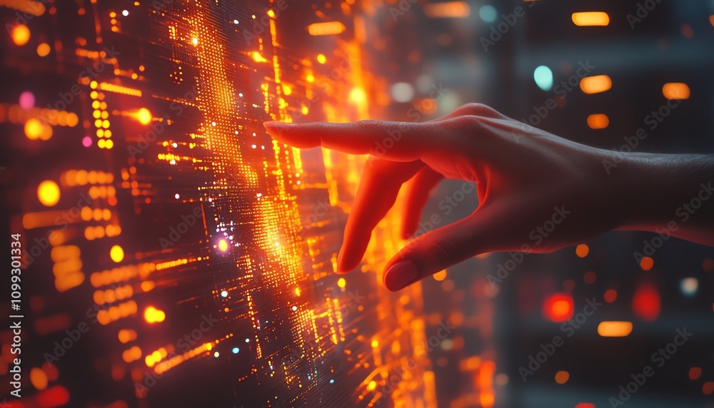 Poster Techsavvy hand interacting with glowing digital financial data and algorithmic lines, futuristic interface with a modern feel