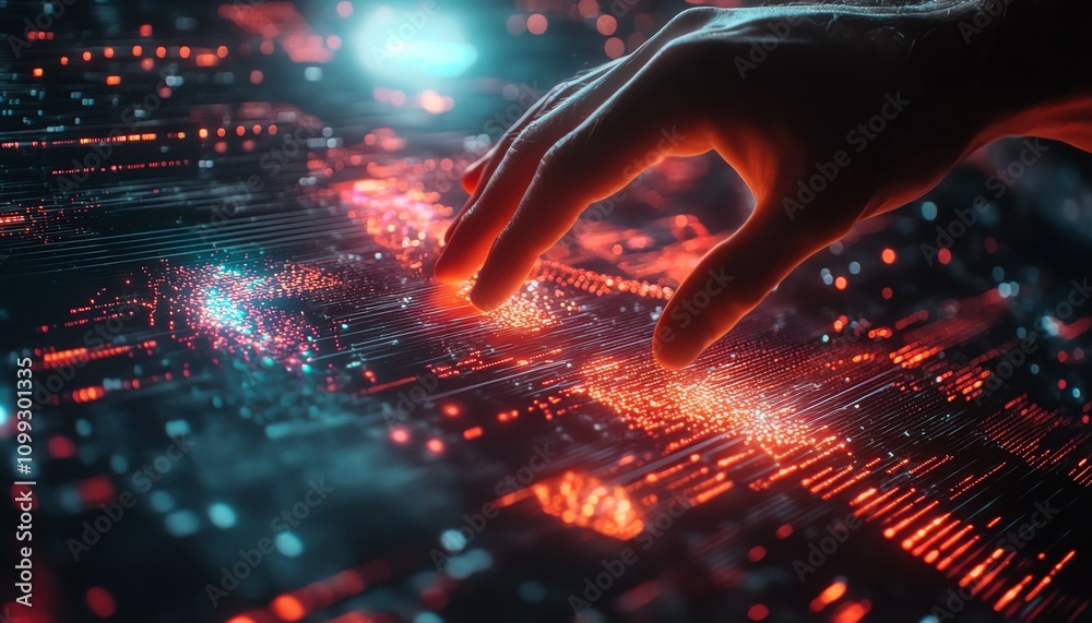 Poster Techsavvy hand interacting with glowing digital financial data and algorithmic lines, futuristic interface with a modern feel