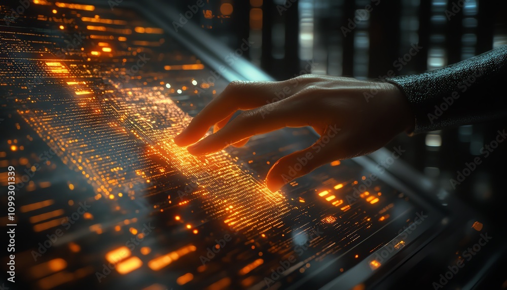 Poster Techsavvy hand interacting with glowing digital financial data and algorithmic lines, futuristic interface with a modern feel